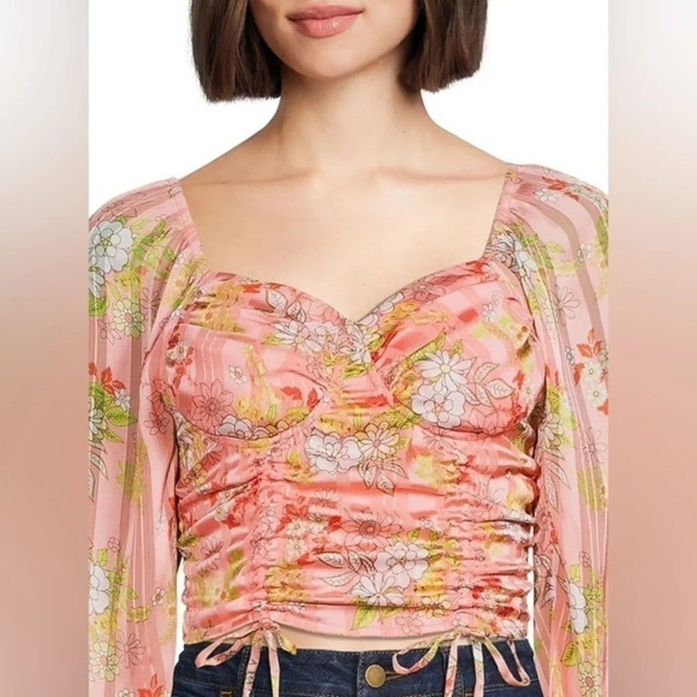 Madden NYC Junior's‎ Orange Floral Ruched Front Top with Sheering & Bra Cup - Picture 13 of 13